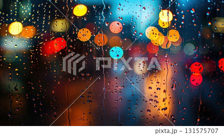 Raindrops on glass with blurred colorful city lights at night 131575707