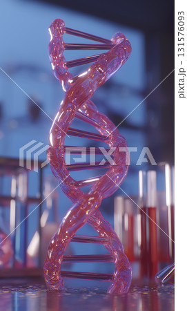 Pink glass DNA model with double helix structure detailed and transparent illuminated modern laboratory setting scientific molecular research 131576093