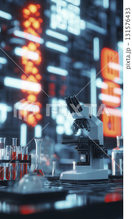 Microscope and lab equipment present feeling of intense scientific research and discovery in this futuristic environment 131576433