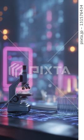 Microscope and lab tools in lab with modern technology background. ambiance evokes feeling of scientific discovery 131576434