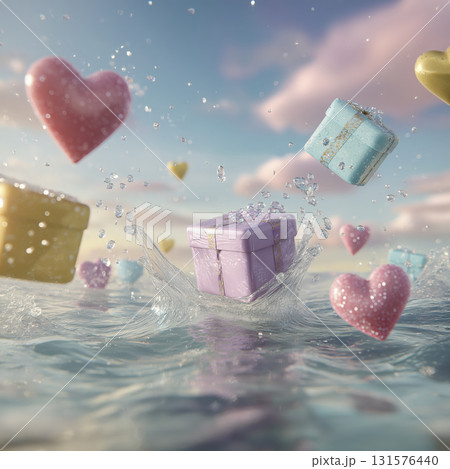 Floating presents and hearts create playful splashes, evoking joy and excitement in clear water scene, full of love and celebration 131576440