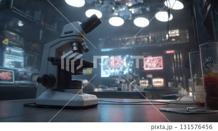 High tech microscope rests on table, inviting scientific exploration with an air of anticipation and curiosity 131576456