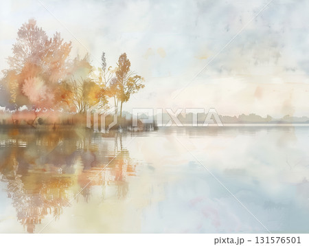 Watercolor landscape of trees along calm lake with soft pastel colors and reflections, creating peaceful and serene scene, perfect for artistic 131576501