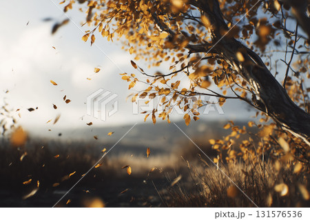 Autumn landscape with golden leaves falling from tree, soft sunlight illuminating scene, creating warm and peaceful atmosphere, scenic nature view Autumn landscape with golden leaves falling from tree, soft sunlight illuminating scene, creating warm and peaceful atmosphere, scenic nature view 131576536