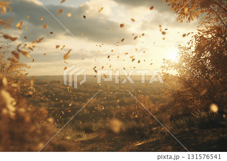Scenic autumn landscape with falling leaves and warm sunlight creating cozy atmosphere, capturing beauty of nature during fall 131576541