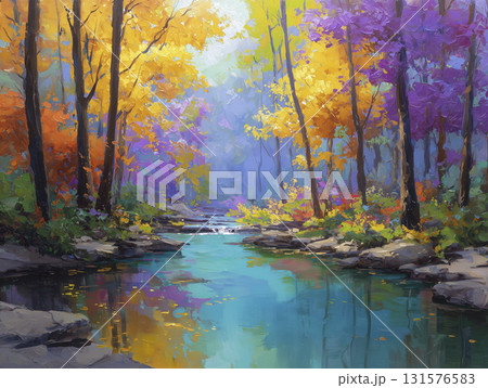 Colorful autumn forest with vibrant yellow, purple, and orange leaves surrounding calm river, creating peaceful and serene natural scene Colorful autumn forest with vibrant yellow, purple, and orange leaves surrounding calm river, creating peaceful and serene natural scene 131576583