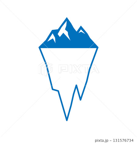 Blue iceberg with mountain peaks above surface. Minimalist vector illustration for arctic exploration, eco campaigns and climate change graphics 131576734