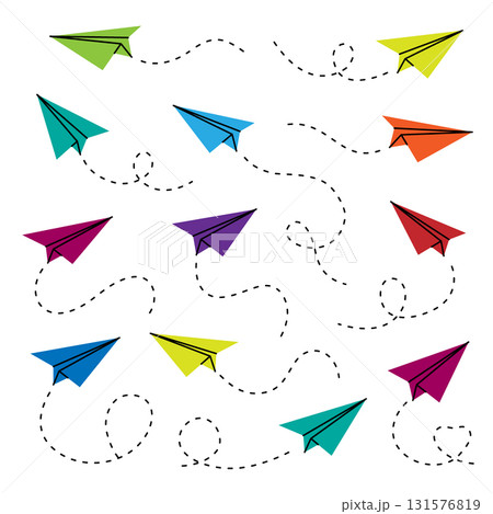Colorful paper airplanes with dashed motion trails. Vector illustration of flying paths in vibrant cartoon style Colorful paper airplanes with dashed motion trails. Vector illustration of flying paths in vibrant cartoon style 131576819