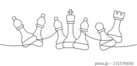 Set of five chess pieces in elegant minimalist abstract black and white linear composition 131576830