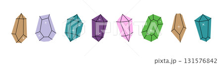 Colorful glass crystals. Gems of different shapes. Gemstones, amethyst, ruby, sapphire, emerald, topaz and quartz. Vector illustration 131576842