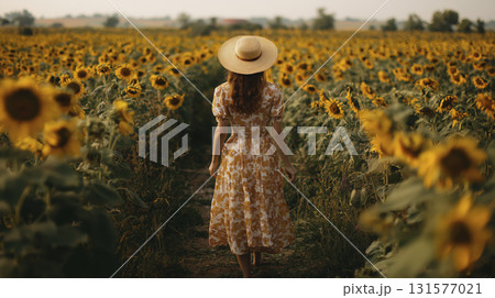 Woman floral dress walking through sunflower field wearing sunhat enjoying peaceful moment nature warm sunlight vibrant yellow flowers summer day outdoor scene relaxed atmosphere countryside 131577021