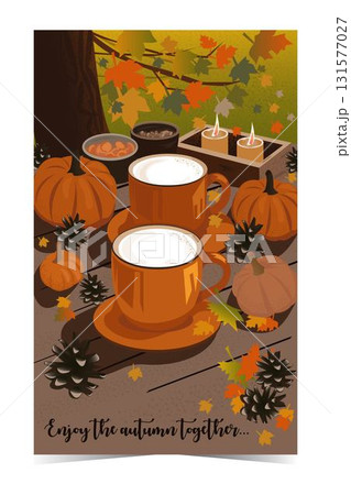 A banner with message Enjoy the autumn together and cosy autumn coffee drink, with orange pumpkins and cinnamon, on wooden background, vector illustration A banner with message Enjoy the autumn together and cosy autumn coffee drink, with orange pumpkins and cinnamon, on wooden background, vector illustration 131577027