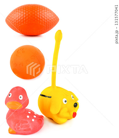 Assortment of Colorful Pet Toys on a White Background Assortment of Colorful Pet Toys on a White Background 131577041