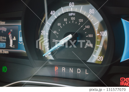 Close up of car speedometer while parked. 131577070