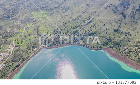 Scenic Lake Kournas in Crete on sunny day aerial view. 131577092