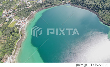 Lake Kournas aerial view color difference of water surface. Lake Kournas aerial view color difference of water surface. 131577098