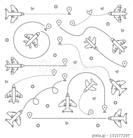 Various plane routes signs, vector airplane flight set, different aircraft paths collection, tracking lines with destinations. Black outline and dotted symbols Various plane routes signs, vector airplane flight set, different aircraft paths collection, tracking lines with destinations. Black outline and dotted symbols 131577197