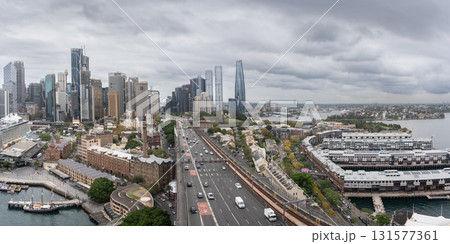 Sydney downtown panorama with high rise as seen from harbor bridge pylon, Sydney, Australia 131577361