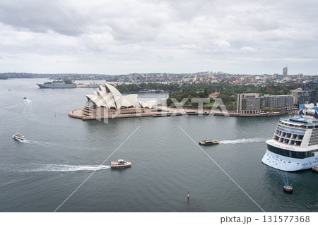 Sydney opera house and bay as seen from Harbor bridge, Sydney, Australia Sydney opera house and bay as seen from Harbor bridge, Sydney, Australia 131577368