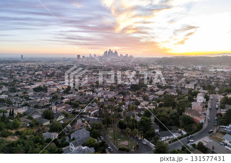 Los Angeles skyline aerial view photo downtown with palm trees at sunset in California United States Los Angeles skyline aerial view photo downtown with palm trees at sunset in California United States 131577431