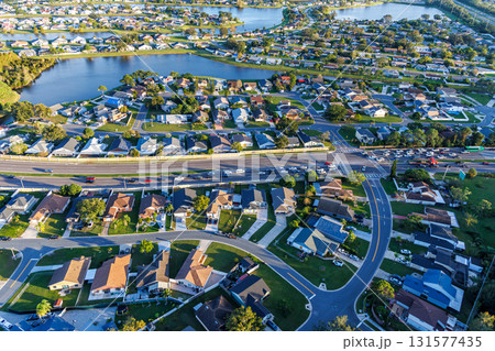 Aerial view photo of new neighborhood real estate buildings in Buenaventura Lakes, Orlando, Florida 131577435