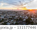 Los Angeles skyline aerial view photo downtown at sunset in California United States 131577446