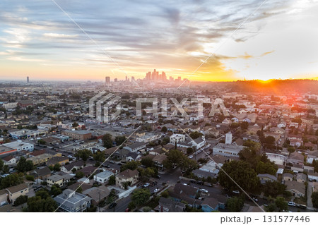 Los Angeles skyline aerial view photo downtown at sunset in California United States 131577446