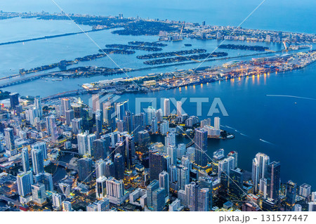 Aerial view of Miami skyline with skyscrapers at Downtown Brickell and Miami Beach at night in Miami, United States 131577447