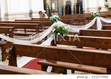 Empty catholic church interior prepared for wedding 131577468