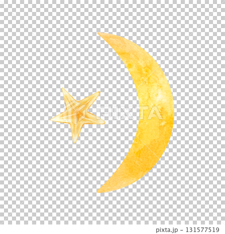 Yellow crescent half moon with golden star. Watercolor clip art isolated from background. Celestial texture element for Muslim holiday, night sky design, arabic style greeting card composition 131577519