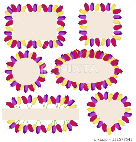 Set of tulip frames. Decorative frames of different shapes. Floral element for your design. Vector illustration isolated on white background. 131577545