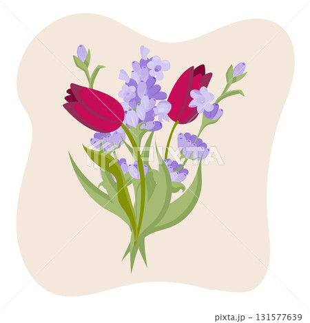 Bouquet of lavender and tulips on a background cloud. Vector illustration isolated on a white background. Bouquet of lavender and tulips on a background cloud. Vector illustration isolated on a white background. 131577639