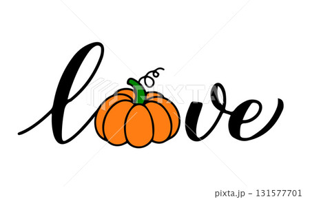 Word love pumpkin calligraphy lettering. Fall decorations. Vector template for poster, flyer, banner, sticker, shirt design, mug, etc. Word love pumpkin calligraphy lettering. Fall decorations. Vector template for poster, flyer, banner, sticker, shirt design, mug, etc. 131577701
