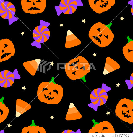 Halloween seamless pattern. Candy corns and pumpkins. Easy to edit vector template for greeting card, banner, poster, party invitation, fabric, textile, wrapping paper, etc. Halloween seamless pattern. Candy corns and pumpkins. Easy to edit vector template for greeting card, banner, poster, party invitation, fabric, textile, wrapping paper, etc. 131577707