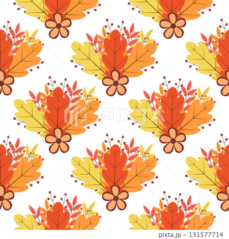 Autumn seamless pattern. Fall vector background. Colorful leaves, flowers, and berries. Perfect for fabric, textile, scrapbooking, wrapping paper, etc. Autumn seamless pattern. Fall vector background. Colorful leaves, flowers, and berries. Perfect for fabric, textile, scrapbooking, wrapping paper, etc. 131577714