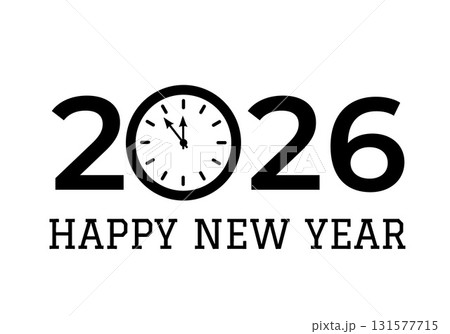 Happy New Year 2026 with clock. Holidays typography poster. Vector template for banner, sign, greeting card, invitation, etc. Happy New Year 2026 with clock. Holidays typography poster. Vector template for banner, sign, greeting card, invitation, etc. 131577715