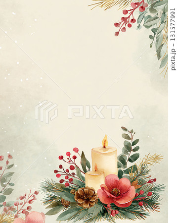 キャンドルと花のクリスマス水彩フレーム背景素材 131577991