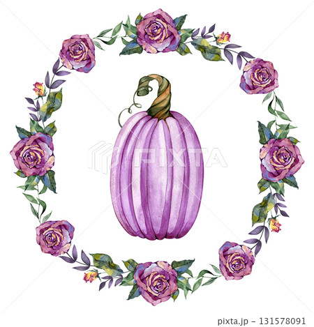 Autumn Rose and Pumpkin Wreath Frame Watercolor Design Autumn Rose and Pumpkin Wreath Frame Watercolor Design 131578091