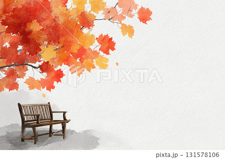 紅葉とベンチのある秋の風景の水彩背景素材 紅葉とベンチのある秋の風景の水彩背景素材 131578106