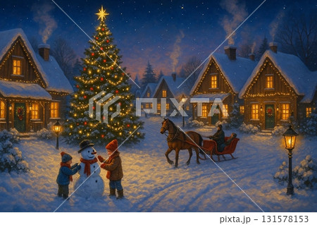 Christmas evening village scene Christmas evening village scene 131578153