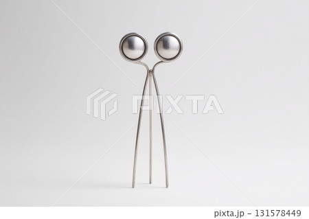 A unique figure with large googly eyes stands upright on long thin legs, creating a whimsical and playful atmosphere in a simple environment 131578449