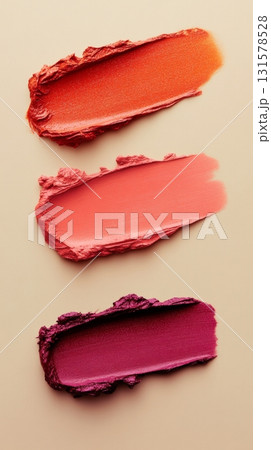 Colorful lipstick smears in orange, pink, and purple are arranged horizontally against a neutral background to showcase their textures and hues Colorful lipstick smears in orange, pink, and purple are arranged horizontally against a neutral background to showcase their textures and hues 131578528