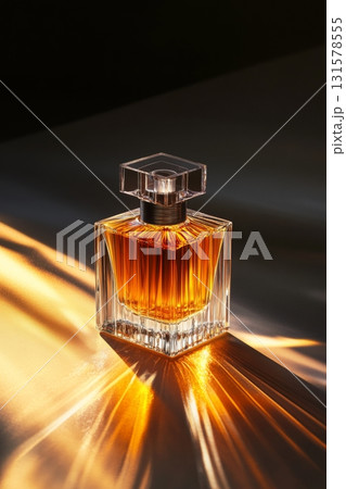 This beautifully crafted perfume bottle radiates warmth with its amber liquid, reflecting light and creating an enchanting atmosphere This beautifully crafted perfume bottle radiates warmth with its amber liquid, reflecting light and creating an enchanting atmosphere 131578555