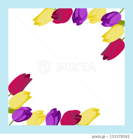 Frame with decorative corners made of multicolored tulips. Vector illustration isolated on blue background. Frame with decorative corners made of multicolored tulips. Vector illustration isolated on blue background. 131578581