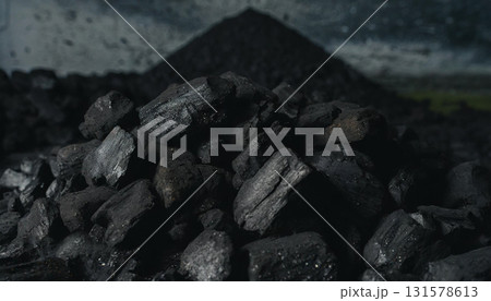 黒く輝く石炭の山のクローズアップ ／ エネルギーや産業を象徴するリアルな素材 131578613