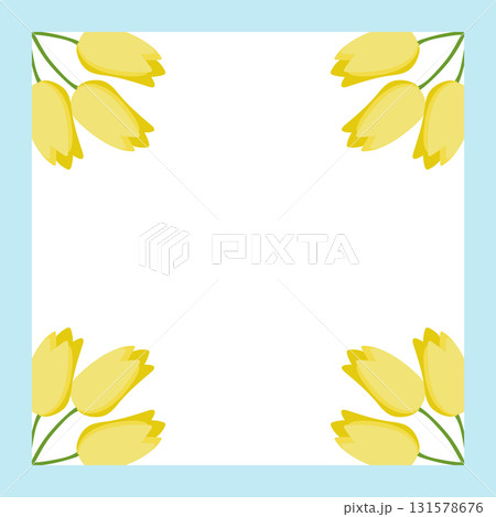 Frame with decorative corners made of multicolored tulips. Vector illustration isolated on blue background. 131578676