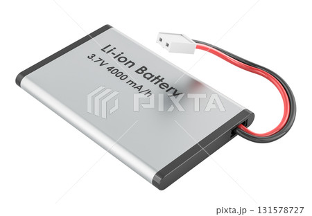 Flat lithium ion battery cell with 3.7V 4000mAh label, with red and black wires and connector. 3D rendering 131578727