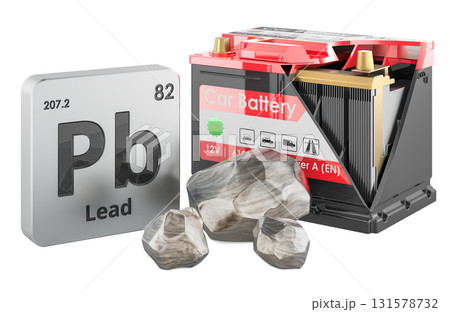 Lead metal crystals, periodic table Pb symbol and cutaway car battery showing internal lead plates. 3D rendering Lead metal crystals, periodic table Pb symbol and cutaway car battery showing internal lead plates. 3D rendering 131578732