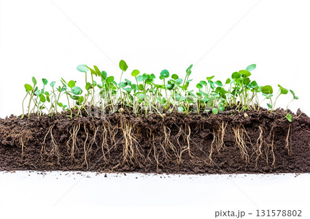 Close-up, white background, sectional view of dark soil with fine, tangled roots and a dense layer of tiny, bright green seedlings on top. Close-up, white background, sectional view of dark soil with fine, tangled roots and a dense layer of tiny, bright green seedlings on top. 131578802