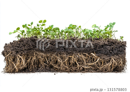 Close-up, white background, sectional view of dark soil with fine, tangled roots and a dense layer of tiny, bright green seedlings on top. Close-up, white background, sectional view of dark soil with fine, tangled roots and a dense layer of tiny, bright green seedlings on top. 131578803